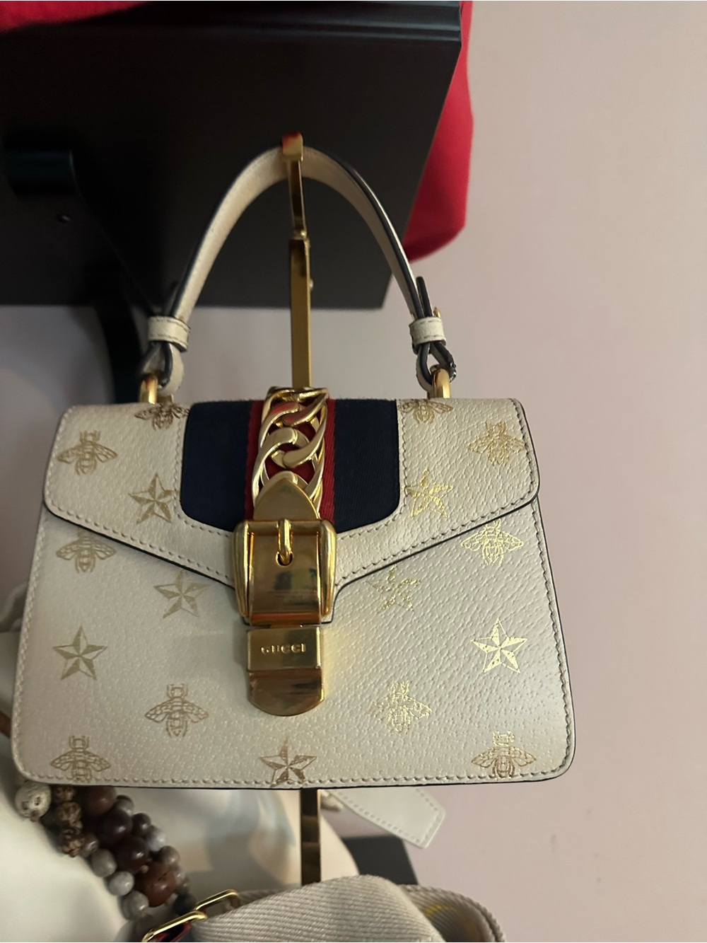 Gucci Cream Leather Top-Handle Satchel with Navy and Red Web Stripe